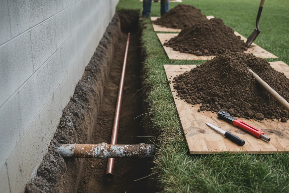 Excavated water line trench during Water Softener Installation in Blounts Creek